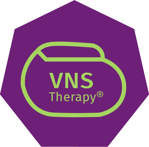 VNS Therapy symmetry device for depression in green outline on purple background