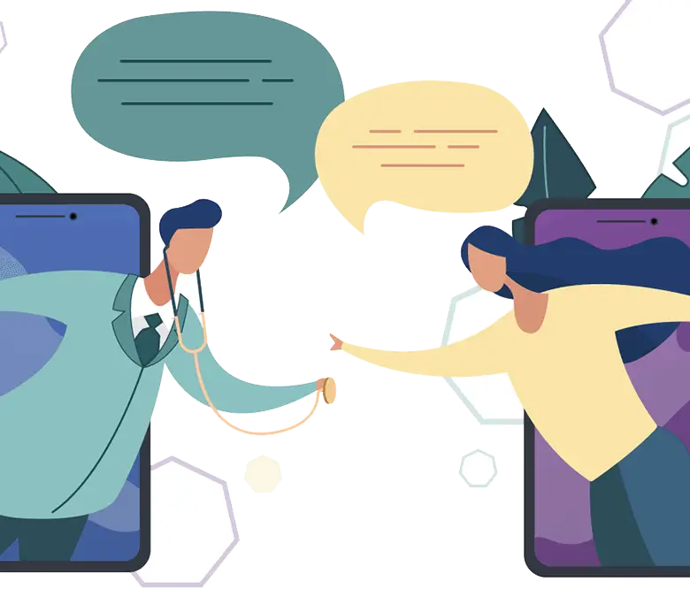 Two people talking through phones with speech bubbles