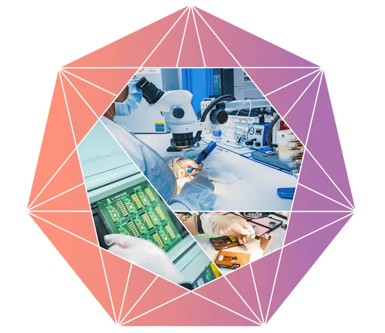 Heptagon with three photos of women doing medtech tasks